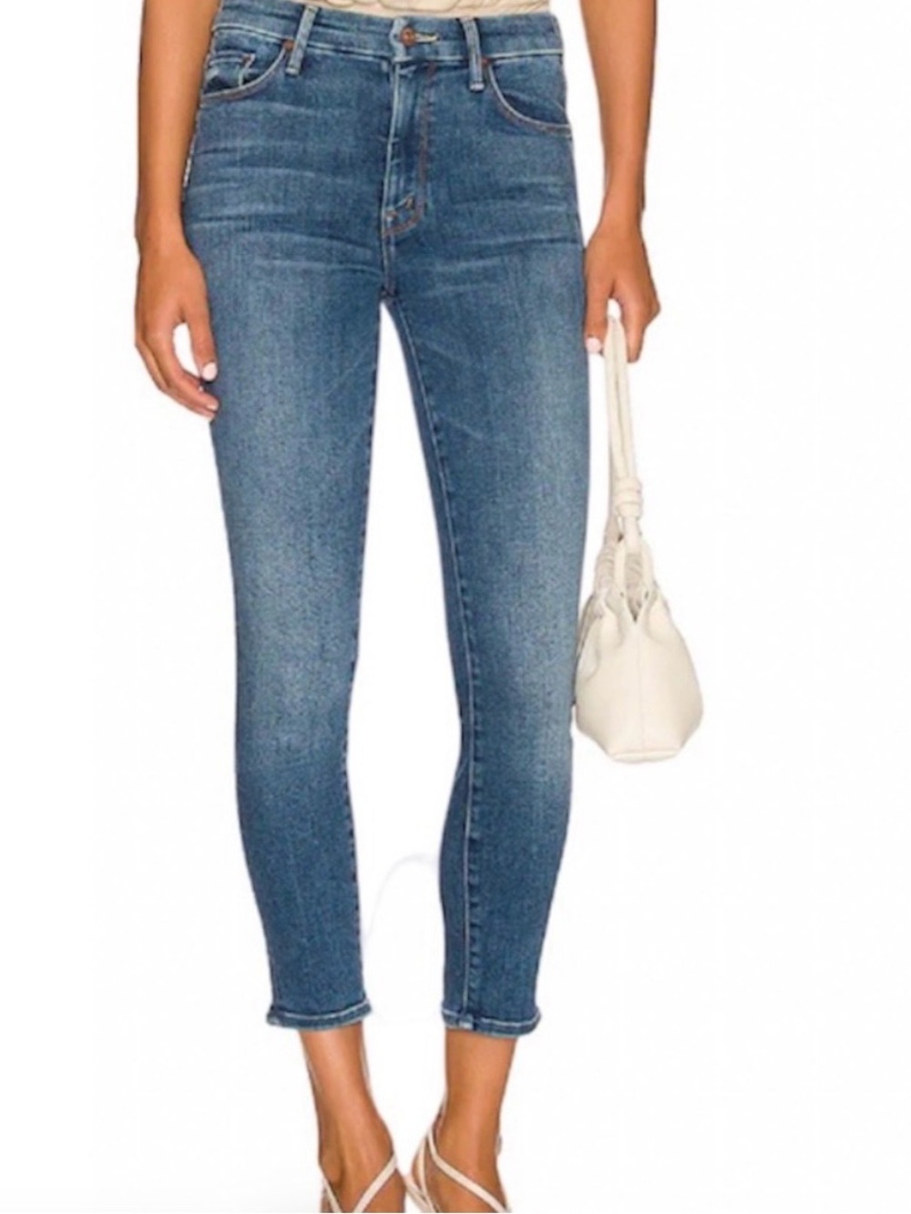 MOTHER Skinny High-Rise Jeans in Medium Blue Wash- the looker crop